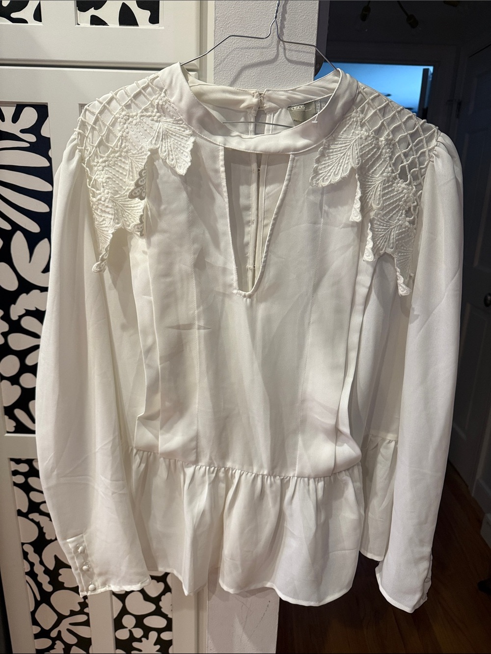 White Lace-Yoke Peplum Blouse with button up back